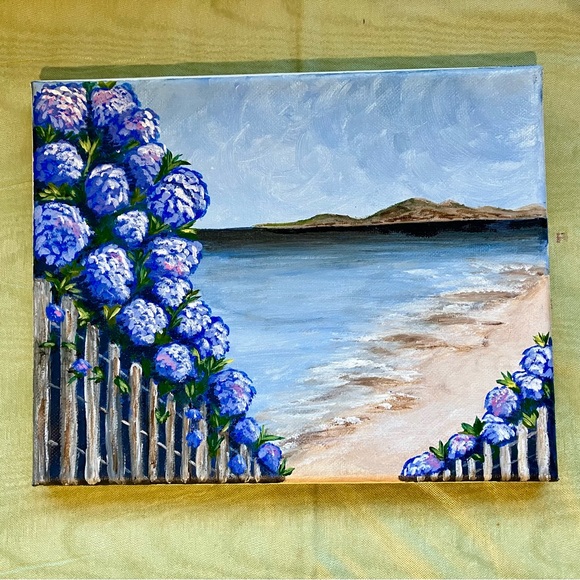 Hydrangeas by the Sea Acrylic Landscape Painting on Wrapped Canvas, 8x10" - Picture 1 of 3